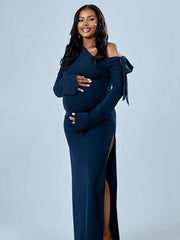 Hnewly Maternity Dress Photoshoot One Shoulder Off Shoulder Bow High Slit Long Sleeve Pregnancy Gown Pregnancy Photography Dresses