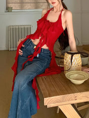 Hnewly Sexy Y2k Vintage Thin Strape Ruffle Halter Crop Top Women Backless Basic Sleeveless T shirt Off shoulder Club Party Lady Tees