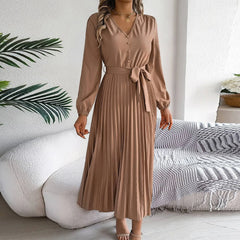 Hnewly Women's Fashion Retro Elegant Solid Color Elegant V-neck Button Tie Long Sleeve High Waist Pleated A-line Dress