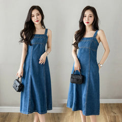 Hnewly Denim Spaghetti Strap Dress New Summer Women's Retro Strap A-Line Dress Classic Blue Tea-Length Versatile Slim Sun Dresses