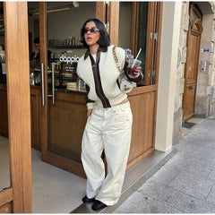 Hnewly Fashion Knit Patchwork Leather Jacket Women Lapel Full Sleeve Zipper Pockets Contrast Coats Autumn Winter Lady Street Coat