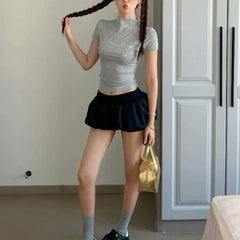 Hnewly Korean Style Sweet Mini Skirt Kawaii Black Low Waist Ruffle Short Skirts Gothic Sexy Harajuku Casual A-line Solid Skirt
