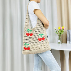 Hnewly Cute Strawberry Cherry Crochet Shoulder Bag for Women Large Shopper Bag Casual Tote Handbags Summer Beach 2024 New Women's Bag