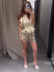 Hnewly Elegant Wave Knitted Women's Vest Fashion O-Neck Sleeveless Waist-Closed Tank Tops Summer Chic Solid Female Streetwear