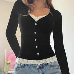 Hnewly Contrast Lace Stitching Cropped Top Women Autumn Fake Two-piece Patchwork Full Sleeve T Shirt y2k Vintage Casual T-shirts