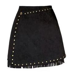 Hnewly Autumn and Winter Slimming Features Heavy Rivets Deerskin Velvet Tassels Retro New Style High-end Feel High-waisted Brown Skirt
