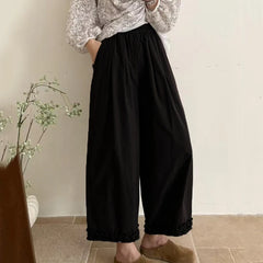 Hnewly Korean Ruffles Wide Leg Pants Women Summer High Waisted Loose Straight Leg Pants Woman Solid Pocket Ankle Length Pants Female