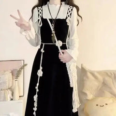 Hnewly Loose Long Sleeve Midi Dress New Year Student Style Dopamine Illusion Two-Piece Dress with Bow Knot Polyester Fiber Dress