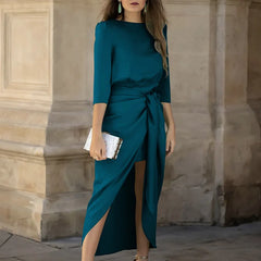 Hnewly New Elegant Lace Up Irregular Dress Simple Solid Temperament High Waist Dress Women O Neck Half Sleeve Pleated A-line Dress