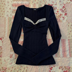Hnewly Cottage Grunge Lace Trim T-shirt 90s Aesthetic Vintage Long Sleeve Pullovers Women Autumn Square Collar Slim Fit Tees Shirt