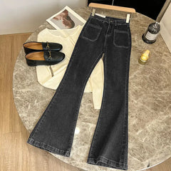 Hnewly New High Waist Trousers Loose Washed Jeans Pockets Slim Denim Flare Classic Women Vintage Stretch Straight Trousers All-match