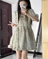 Hnewly Mini Dresses Women Floral Printed Short Sleeve V Neck Puff Short Sleeve Bandage Ruffles Sweet Dress Female Elegant Casual