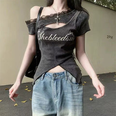 Hnewly Korean Chic Letter Print Women T Shirt Y2K Sexy Hot Girl Hollow Out Slim Crop Tops Summer Lace Patchwork Casual Tees Female