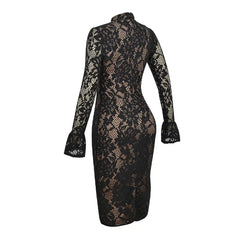 Hnewly Sexy Lace Hollow Out Women Dress Mandarin Collar Flare Sleeve Split Dresses Female Spring Autumn New Chic Lady Robe