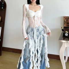 Hnewly Sexy See Through Mesh White Tops Mujer Square Collar Patchwork T-shirts Forwomen 2025 Summer New Long Sleeve Tee Shirt