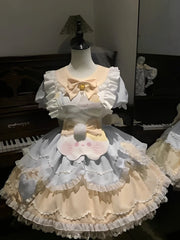 Hnewly Japanese Cute Sweet Lolita OP Dress Kawaii Bow Lace Ruffles Cat Apron Short Puff Sleeve Dress Set Summer Women Clothing