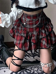 Hnewly Fashion Streetwear Gothic Y2k Red Plaid Skirt Women Harajuku Emo E-girl High Waist Cake Skirt Fairycore Grunge Clubwear