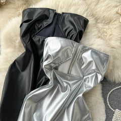 Hnewly Strapless Sexy Short Dress Summer Sleeveless Bodycon Hollow Out Fashion Y2K Women Evening PU Leather Slim Dress