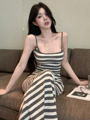 Hnewly Striped Dresses Women Sleeveless Sexy Backless Slim Elegant Split Slash Neck Summer Fashion Party Dress Female Casual