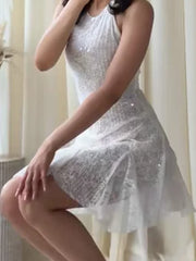 Hnewly Women Sexy Lace Mini Halter Dress Chic Solid Sleeveless Backless Sequin A-line Slim Fit Dresses New Ladies Party Vestidos