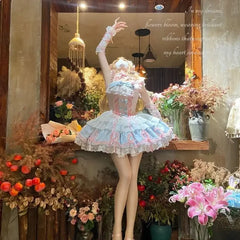 Hnewly Kawaii Lovely Slim Lolita JSK Princess Dress Women Sweet Bow Lace Bandage Sling Mini Dresses Elegant Cute Pretty New Clothing
