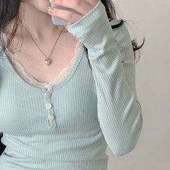 Hnewly Women's T Shirts Long Sleeve Slim Lace Button Kawaii Tshirts Female Y2k Tops Casual Tees Pulovers 2024 Spring New Woman Clothin