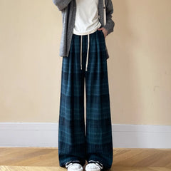 Hnewly Autumn Winter Wide Leg Plaid Trousers Women Korean Elastic Waist Baggy Pants Woman Comfy Soft Warm Oversized Pants Female