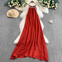 Hnewly Bohemian Vacation Style Red Dress Design Sense Tassel Irregular Loose Dresses French Style High-end Sleeveless Long Dress