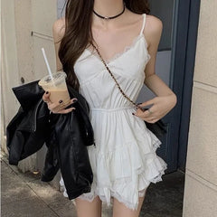 Hnewly White Lace Mini Dress Women Korean Sweet Sexy One Piece Sleeveless Coquette Aesthetic Elegant Party Short Dresses Y2k
