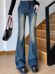 Hnewly New Women American Retro Trashy Y2k 2000s Flare Jeans Lady Elastic Slim Fit Denim Bell Bottom Pants Vintage Retro Blue Trousers