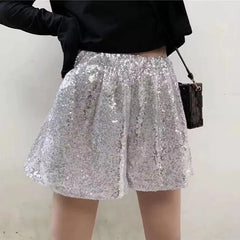 Hnewly Fashion Elastic Waist Chic Sequined Wide Leg Shorts Summer New Women's Clothing Korean Casual A-Line Loose Pants for Female