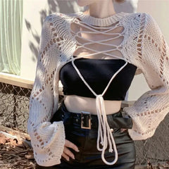 Hnewly Y2K Two-Sided Knitted Tops Women Hollow Long Sleeve Sweet Lace-Up Sweater Harajuku Casual Backless Solid Lady Blouse