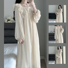 Hnewly Lace Nightgown Sleepwear Women Korean Ruffles Night Dress Spring One Piece Pajamas Long Sleeve Square Collar Home Wear 2024 New