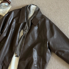 Hnewly Retro Chic pu Leather Jacket Women's 2025 Spring Autumn Fashion Lapel Versatile Windproof Sweet&Cool BF Style Female Outerwear