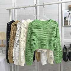 Hnewly Hollow Sun Protection Shirt Women's Summer Loose Pullover O-Neck Puff Long Sleeve Air Conditioning Knitwear Korean Retro Top