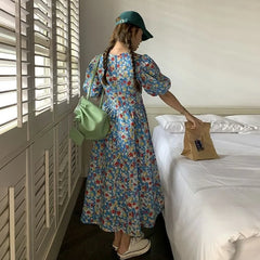 Hnewly Vestidos Mujer Sweet Spring Summer Blue Print Floral Vintage Woman Dress Korean Fashion Puff Sleeve Long Dress