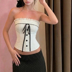 Lunivop French Sweet Spice Girl Summer Strapless Camisole Y2k Spliced Lace Edge Constrast Color Bow Tank Tops Punk Women Streetwear
