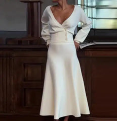 Hnewly Autumn New Women's Long - Sleeve Deep V - Neck Solid Color Two - Piece Set Buttoned Top with Midi Skirt