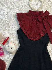Lunivop Vintage Classic Burgundy Lace Stand Collar Flutter Sleeve Short Dress Women Elegant Waist Fit Harajuku Summer Streetwear Outfit