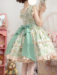 Hnewly Japanese Kawaii Lolita Jsk Dress Women Victorian Retro Ruffle Grape Print Bandage Bow Trailing Princess Dresses Party Mini Dress