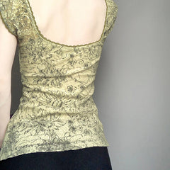 Hnewly Vintage y2k Square Collar Crop Top Cute Coquette Floral Print Slim-fitting Tee Shirt for Summer Retro Harajuku Women Tees