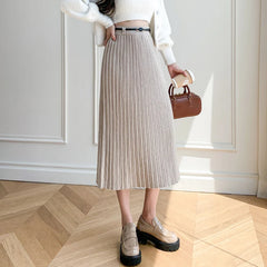 Hnewly Elegant High Waist Knitted Skirts Women Spring Autumn Loose Pleated Mid-Long Skirts Woman Chic Solid Color Skirts Female