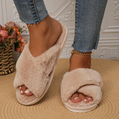 Hnewly Faux Fur Corss Band Fuzzy Slippers Women Winter Warm Plush Indoor Fluffy Shoes Woman Soft Sole Open Toe Home Cotton Slippers