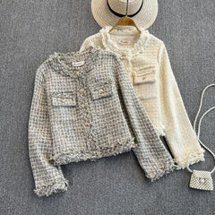 Hnewly Woven Tweed Jacket Women Autumn Winter New Slim O-neck Single Breasted Coat Elegant Raw Edge Tassel Long Sleeve Blazer