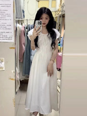 Hnewly Woman Dress Puff Short Sleeve Lace Up French Style Chic Summer Fashion Temperament Elegant Party Dresses Female Casual