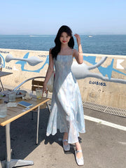 Hnewly Summer Elegant Blue Chiffon Midi Dress Women Beach Casual Embroidery Floral One Piece Dress Korean Fashion Evening Party Vintage