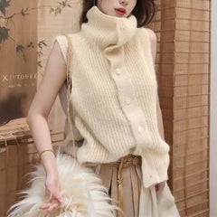 Hnewly Button Up Sweater Vest for Women Soft Comfy High Neck Sleeveless Knit Vest Slouchy Knitwear Female Autumn Winter Casual Outfit