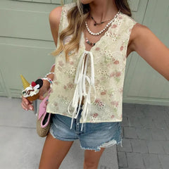 Lunivop New Fashion Popular Euramerican Elegant Flower Print Sleeve Shirts Y2k High Street All Match Hollow Out Thin Lace Up Clothes