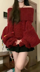 Hnewly Women Red Pullover Knitted Sweater Harajuku Y2k Long Sleeves Slash Neck Sweater Jumper Vintage 2000s Aesthetic Clothes 2024