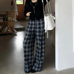 Hnewly Summer Women's Baggy Pants, Fashion Black Plaid Casual Pants Loose Elastic Waist Pocket Style Street Hip Hop Wide Pants